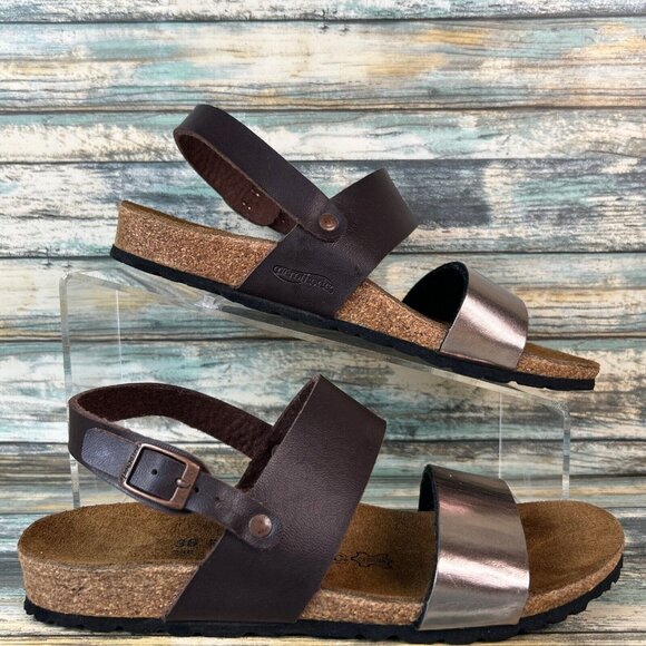 Aerothotic Shoes - Aerothotic Slingback Sandals Womens Size 6/36 Brown Gold Leather Buckle Strap